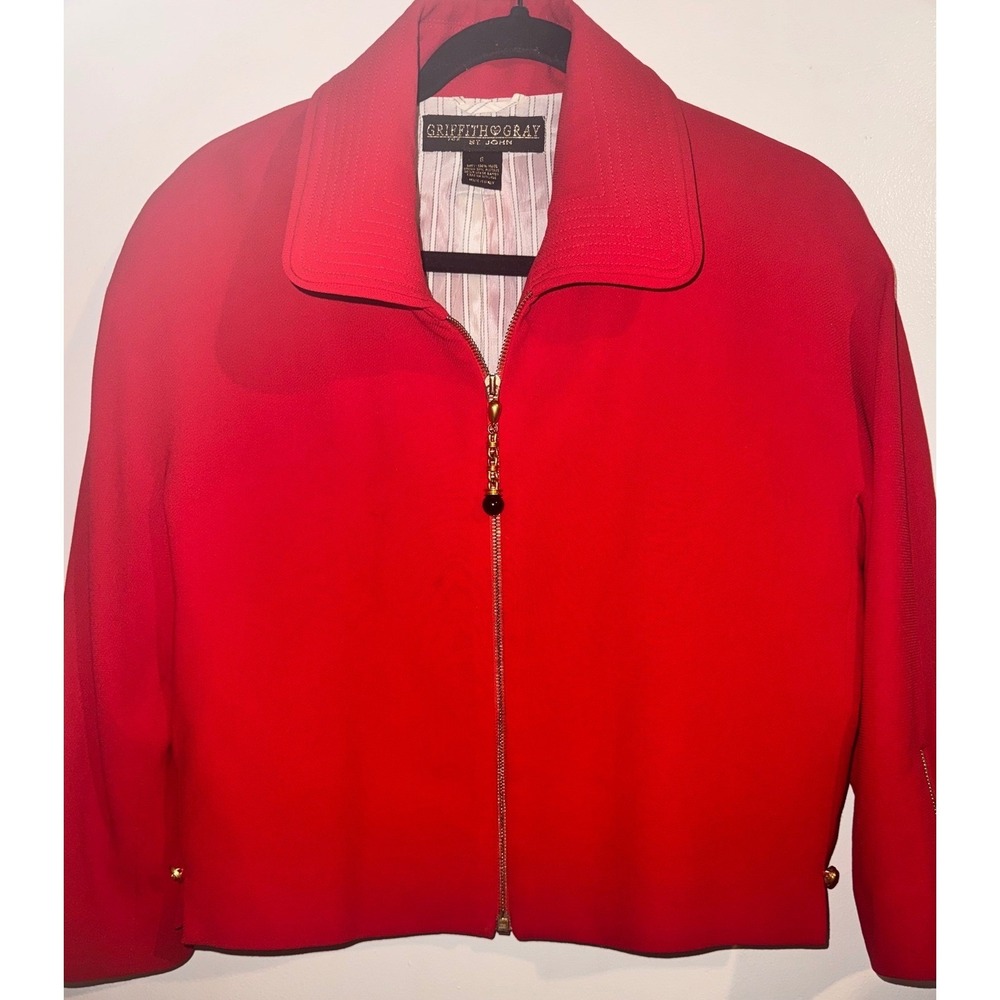Griffith & Gray for St. John Red Wool Zip Jacket Gold Hardware Size 6